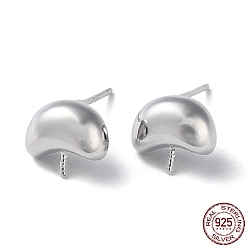 Real Platinum Plated Rhodium Plated 925 Sterling Silver Stud Earring Findings, Moon, for Half Drilled Beads, with S925 Stamp, Real Platinum Plated, 9x10mm, Pin: 11x0.6mm and 0.7mm