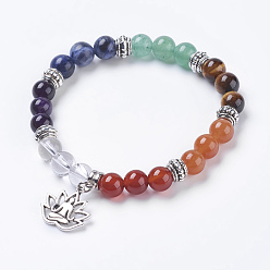 Antique Silver Chakra Jewelry, Natural Mixed Stone Beads Stretch Bracelets, with Alloy Findings, Lotus with Zazen, Antique Silver, 2-1/4 inch(5.7cm), Pendant: 16.5x18x1.5mm