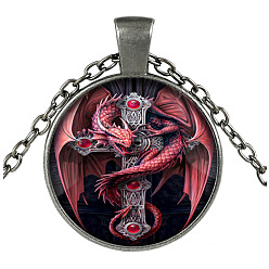 Gunmetal Dark Red Dragon Theme Glass Flat Round Pendant Necklace with Alloy Chains, Gunmetal, 27.56 inch(70cm)