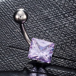 Lilac Piercing Jewelry, Brass Cubic Zirconia Navel Ring, Belly Rings, with 304 Stainless Steel Bar, Lead Free & Cadmium Free, Rhombus, Platinum, Lilac, 20x11mm, Bar: 15 Gauge(1.5mm), Bar Length: 3/8"(10mm)