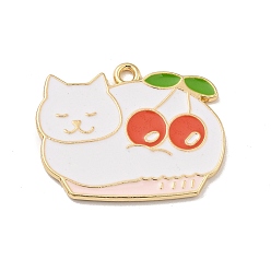 White Cartoon Alloy Enamel Pendants, Cat with Cherry Charms, Light Gold, White, 23x28.5x1.5mm, Hole: 1.8mm
