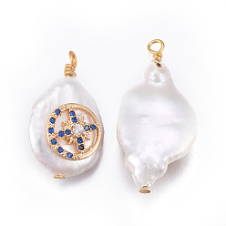 Bleu Royal Pendentifs de perles d'eau douce de culture naturelle, avec les accessoires de zircons en laiton, pépites avec plat rond et étoile, or, bleu royal, 17~26x11~16x5~11mm, Trou: 1.6~2mm