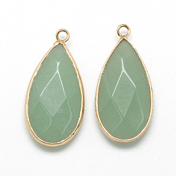 Dark Sea Green Natural White Jade Pendants, with Golden Tone Brass Findings, Faceted, teardrop, Dyed, Dark Sea Green, 32.5~33x16x6mm, Hole: 2.5mm
