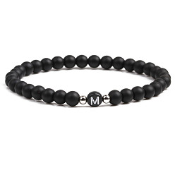 Dumb Black Stone M 6mm Matte Agate Stone Beaded Letter Bracelet for Men and Couples Jewelry