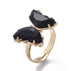 Black Adjustable Brass Glass Finger Rings, with Clear Cubic Zirconia, Butterfly, Golden, Black, Size 7, Inner Diameter: 17mm