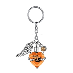 Orange Stainless Steel Keychain, with Urn Ashes and Wing Pendant, Orange, Pendant: 2.5x2.1cm