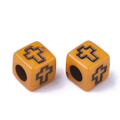 Dark Orange Acrylic Beads, Cube with Cross, Dark Orange, 6x6x6mm, Hole: 3mm, about 30000pcs/5000g