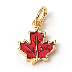 Golden Autumn Theme Brass Charms, with Enamel and Jump Rings, Long-Lasting Plated, Maple Leaf, Red, Golden, 11.5x9x2mm, Jump Ring: 5x0.7mm, Inner Diameter: 3.6mm