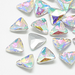 Crystal AB Pointed Back Glass Rhinestone Cabochons, Back Plated, Faceted, Triangle, Crystal AB, 13x14x4.5mm