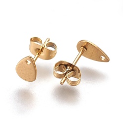 Golden Ion Plating(IP) 304 Stainless Steel Stud Earring Findings, with Flat Plate, Teardrop, Golden, 8x5x0.7mm, Hole: 1mm, Pin: 0.8mm