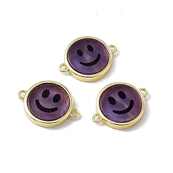 Amethyst Natural Amethyst Connector Charms, Flat Round with Smiling Face Links, with Rack Plating Golden Tone Brass Findings, Cadmium Free & Lead Free, 15.5x20x3mm, Hole: 1.6mm
