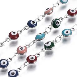 Colorful 304 Stainless Steel Link Chains, with Enamel, Soldered, Flat Round with Evil Eye, Stainless Steel Color, Mixed Color, 9x4.5x2.5~3mm