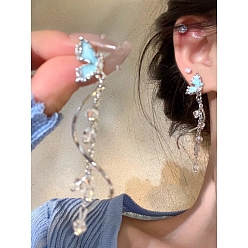 Platinum Butterfly Alloy Enamel Stud Earrings, Tassel Earrings with 925 Sterling Silver Pins, Platinum, 50x50mm