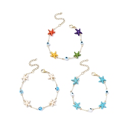 Mixed Color 3Pcs 3 Color Glass Evil Eye & Synthetic Turquoise Starfish Link Chain Bracelets Set, Brass Stackable Bracelets, Mixed Color, 7-1/2 inch(19cm), 1Pc/color