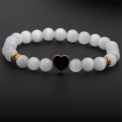 Black Heart Natural Stone Bracelet with European and American Style White Cat's Eye Beads - Love-themed Design