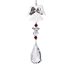 Red Glass Teardrop Pendant Decorations, with Metal Angel Link, Hanging Suncatchers Garden Decorations, Red, 350mm