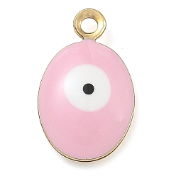 Pink Подвески из латуни с покрытием из эмали, долговечный, без свинца и без кадмия, реальный 18 k позолоченный, овал с рисунком от сглаза, розовые, 11x7x2 мм, отверстие : 1 мм