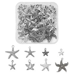 Antique Silver 80Pcs 8 Style Tibetan Style Alloy Pendants, Lead Free and Cadmium Free, Starfish/Sea Stars Charms, Antique Silver, 15~26x12~24x2~3.5mm, Hole: 1.5~2mm, 10pcs/style