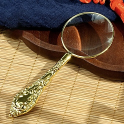 Golden Vintage Retro Handheld Magnifying Glass, Metal Embossed Pattern Handle, for Reading, Golden, 12.5cm