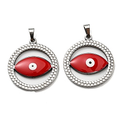 Red 304 Stainless Steel Pendants, with Enamel, Flat Round with Evil Eye Charm, Stainless Steel Color, Red, 28.5x25.5x3mm, Hole: 5x3.5mm