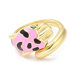 Pearl Pink Enamel Leopard Open Cuff Ring with Cubic Zirconia, Real 18K Gold Plated Brass Jewelry, Long-Lasting Plated, Pearl Pink, Inner Diameter: 18mm