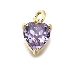 Средний Фиолетовый Сердце из латуни со стеклянными подвесками, одиночные каменные прелести, без кадмия и без свинца, долговечный, стойки покрытие, реальный 18 k позолоченный, средне фиолетовый, 9x7x4.5 мм, отверстие : 2 мм