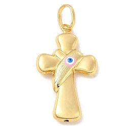 Pink Brass Pendants, with Enamel, Real 18K Gold Plated, Long-Lasting Plated, Cross with Evil Eye Charm, Pink, 40x26x7mm, Hole: 10x7mm