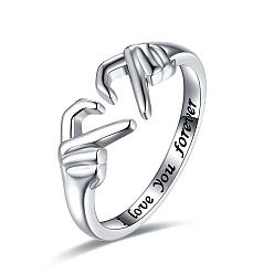 Platinum Alloy Hand Heart Open Cuff Ring, Word I Love You Forever Rnig for Valentine's Day, Platinum, Wide: 7.5mm
