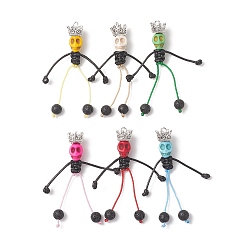 Mixed Color 6Pcs 6 Colors Dyed Synthetic Turquoise Halloween Kings Skull Big Pendants, Handmade Rope Arms and Legs Charms with Natural Lava Rock, Mixed Color, 61x54x10mm, Hole: 2.5mm, 1pc/color