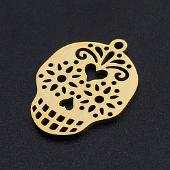 Golden 201 Stainless Steel Pendants, Filigree Joiners Findings, Laser Cut, Sugar Skull, For Mexico Holiday Day of The Dead, Golden, 22x16x1mm, Hole: 1.4mm