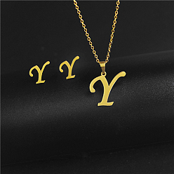 Letter Y Golden Stainless Steel Initial Letter Jewelry Set, Stud Earrings & Pendant Necklaces, Letter Y, No Size