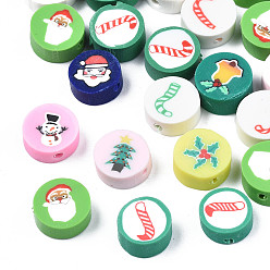Mixed Color Handmade Polymer Clay Beads, Flat Round with Christmas Themed Patterns, Mixed Color, 9.5~10x4~5mm, Hole: 1.6mm