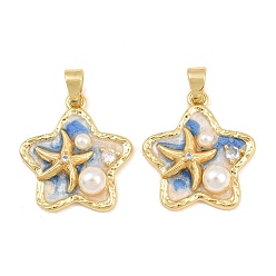 Blue Brass Enamel Pendants, with ABS Plastic Imitation Pearl, Star with Starfish Charms, Real 18K Gold Plated, Blue, 22x20x5.5mm, Hole: 5x4mm