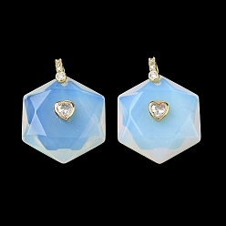Opalite Opalite Faceted Pendants, Hexagon Charms with Brass Pave Heart Clear Cubic Zirconia Findings, Golden, 38x28.5x13mm, Hole: 5.5x4.5mm