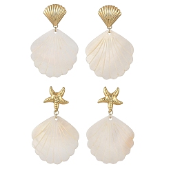 Golden Ocean Natural Freshwater Shell Stud Dangle Earring, Brass Stud Earrings for Women, Golden, 57~60x37~37.5mm, 2pairs/set