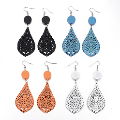 Mixed Color Trendy Teardrop Wood Dangle Earrings, with Platinum Tone Alloy Earring Hooks, Mixed Color, 94~96x32~34mm, pin: 0.8mm