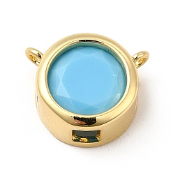 Light Sky Blue Rack Plating Brass Pave Cubic Zirconia Connector Charms, Cadmium Free & Lead Free, Real 18K Gold Plated, Flat Round Links, Light Sky Blue, 14x12x7mm, Hole: 1.2mm and 1.5mm