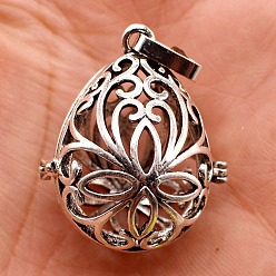 Antique Silver Brass Bead Cage Pendants, Hollow Teardrop Cage Charms, Antique Silver, 33x23mm
