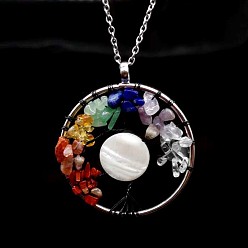Mixed Stone Natural & Synthetic Mixed Gemstone Chips Tree of Life Pendant Necklaces, Brass Wire Wrap Necklace with Alloy Chains, 20.47 inch(52cm)