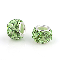 Peridot Polymer Clay Rhinestone European Beads, Large Hole Beads, Rondelle, with Silver Color Plated Brass Cores, Peridot, 10~12x7~8mm, Hole: 5mm