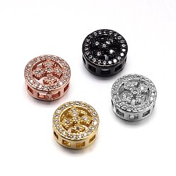 Mixed Color Eco-Friendly Brass Micro Pave Cubic Zirconia Flat Round with Cross Beads, Lead Free & Cadmium Free & Nickel Free, Clear, Mixed Color, 10x5mm, Hole: 1x1mm