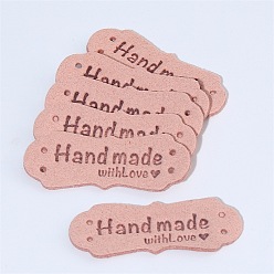 Pink Imitation Leather Label Tags, with Holes & Word Hand Made with Love, for DIY Jeans, Bags, Shoes, Hat Accessories, Polygon, Pink, 15x42mm