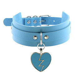 Light blue Rocking Heart Pendant Collar with Double-layer Leather Chain and Lock Clavicle Necklace
