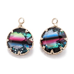 Colorful Two Tone Transparent Glass Pendants, with Golden Plated Brass Settings, Faceted, Diamond, Colorful, 16.5x12.5x6.5mm, Hole: 1.8mm