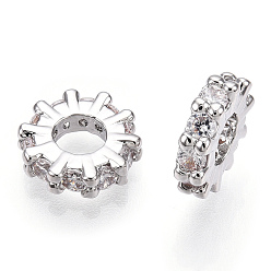 Платинированный Латунные бусины из микрокубического циркония, без никеля , плоско-круглые, Реальная платина, 8x2 мм, отверстие : 3.5 мм.