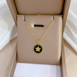 K417 Black Gold [All-Titanium Steel] Minimalist Gold Necklace for Women - Lock Bone Chain with Pentagram Pendant