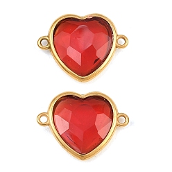 Red 304 Stainless Steel Glass Connector Charms, Heart Links, Ion Plating(IP), Real 18K Gold Plated, Red, 15x20x4mm, Hole: 1.3mm