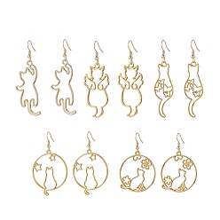 Golden Zinc Alloy Hollow Out Cat Dangle Earrings, 304 Stainless Steel Long Drop Earrings for Women, Mixed Shape, Golden, 54.5~63mm, Pin: 0.7mm