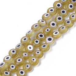 Dark Khaki Handmade Evil Eye Lampwork Beads Strands, Flat Round, Dark Khaki, 6x2.5mm, Hole: 1mm, about 64~65pcs/strand, 14.1 inch~14.5 inch