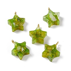 Green Natural Calcite Pendants, Star Charms, Dyed, with Epoxy Resin and Golden Tone Brass Loops, Green, 19.5~20.5x16~17x5~7mm, Hole: 2mm